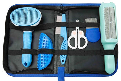 6-in-1 Pet Grooming Kit for Dogs & Cats, Skin Friendly with Self Cleaning Shedding Brush, Hair Remover, Flea Comb, Bath Brush & Paw Cleaner, Blue