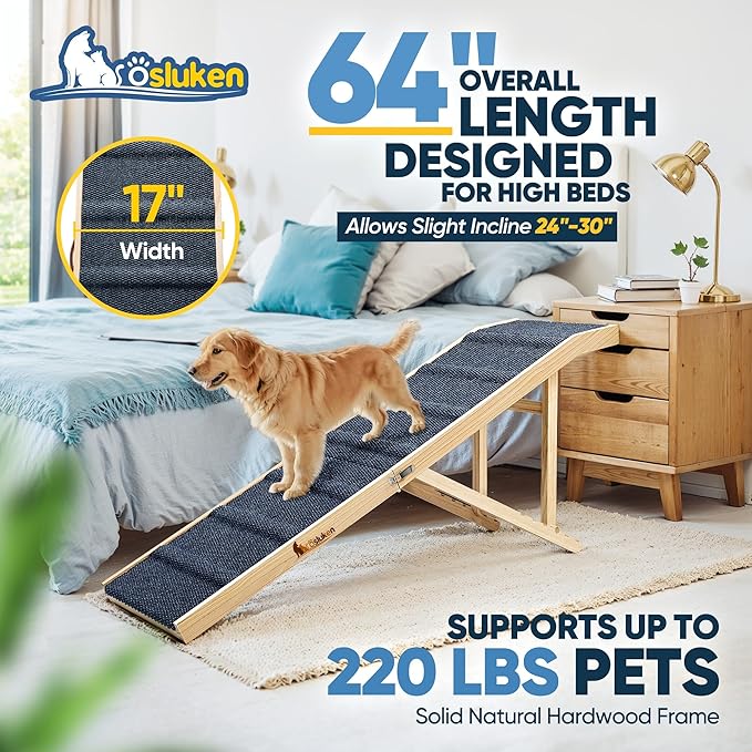 𝟮𝟬𝟮𝟰 𝐔𝐩𝐠𝐫𝐚𝐝𝐞𝐝 Dog Ramp for Bed, 64" Long Foldable Pet Ramp for Small Large Dogs Cats, Dog Ramps for High Beds Car, High Traction with Platform 6 Adjustable Heights 24" to 30" Up to 220LBS