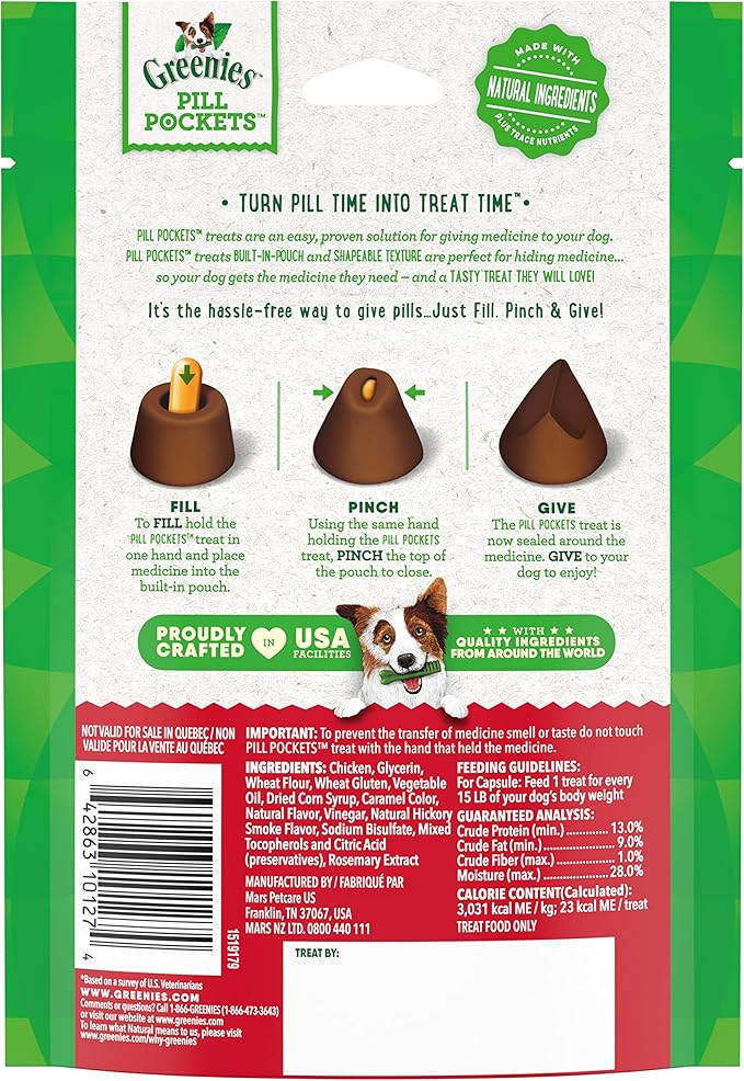 Greenies Pill Pockets for Dogs Capsule Size Natural Soft Dog Treats, Hickory Smoke Flavor, (6) 7.9 oz. Packs (180 Treats)