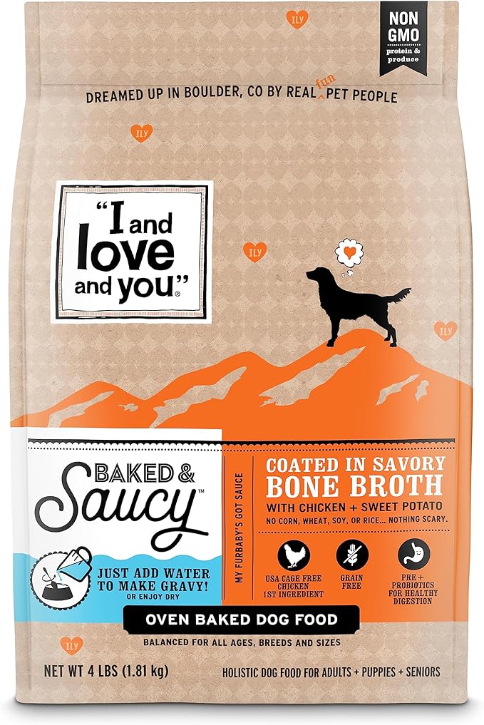 I AND LOVE AND YOU Baked and Saucy Dry Dog Food - Chicken + Sweet Potato - Prebiotic + Probiotic, Real Meat, Grain Free, No Fillers, 4lb Bag