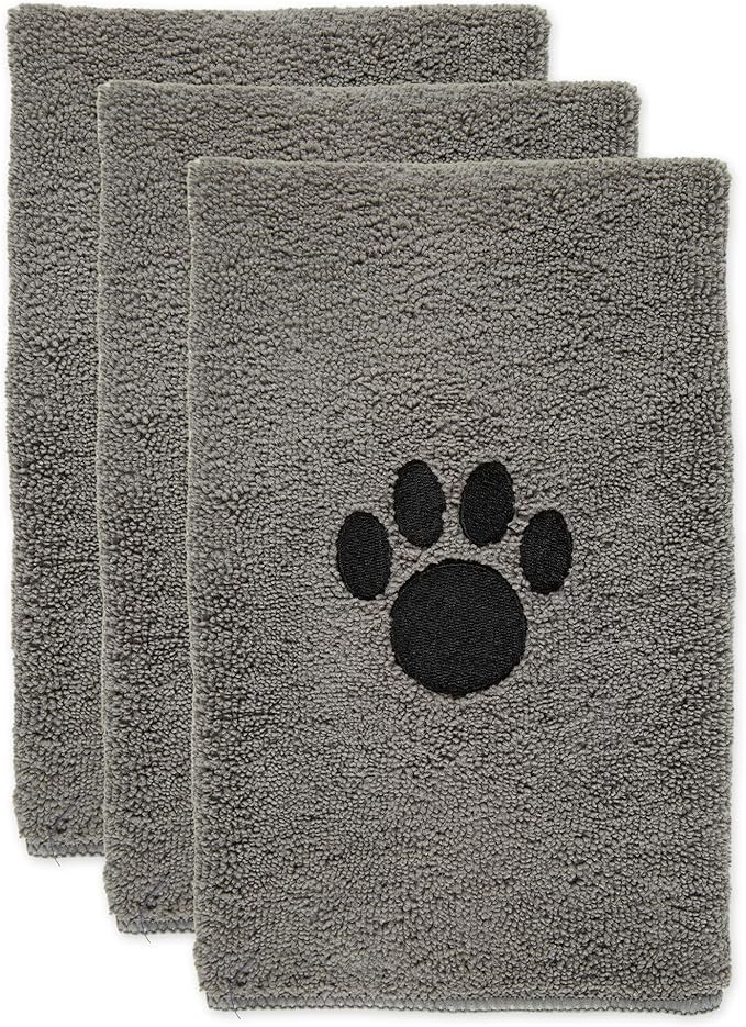 Bone Dry Pet Grooming Towel Collection Embroidered Absorbent Microfiber Drying Set 15x30, Gray, 3 Count