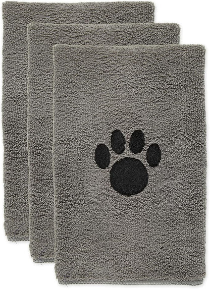 Bone Dry Pet Grooming Towel Collection Embroidered Absorbent Microfiber Drying Set 15x30, Gray, 3 Count