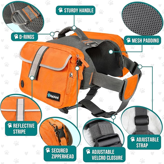 PetAmi Dog Backpack for Medium Large Dogs, Dog Saddle Bag for Dogs to Wear, Harness Saddlebag with Reflective Safety Side Pockets for Hiking, Camping, Vest Dog Pack for Travel (Orange, Large)