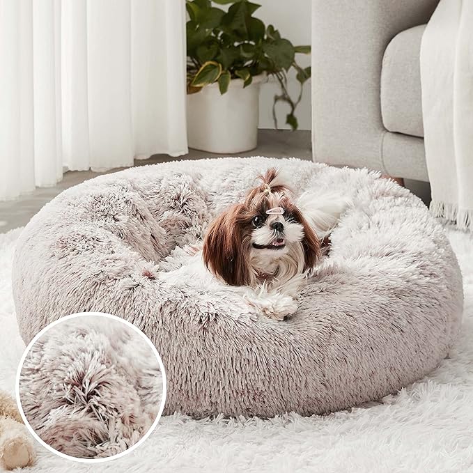 Western Home Faux Fur Dog & Cat Bed, Original Calming Bed for Small Medium Large Pets, Anti Anxiety Donut Cuddler Round Warm Washable Bed for Indoor Cats(20", Khaki)