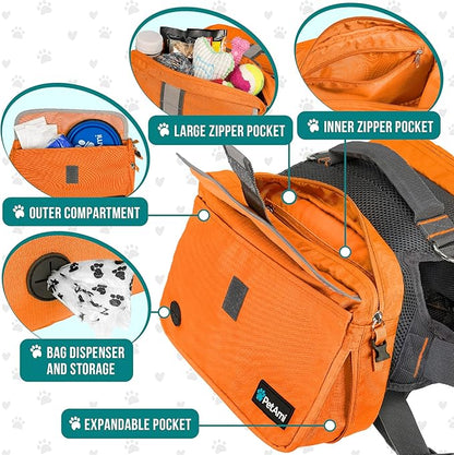 PetAmi Dog Backpack for Medium Large Dogs, Dog Saddle Bag for Dogs to Wear, Harness Saddlebag with Reflective Safety Side Pockets for Hiking, Camping, Vest Dog Pack for Travel (Orange, Large)