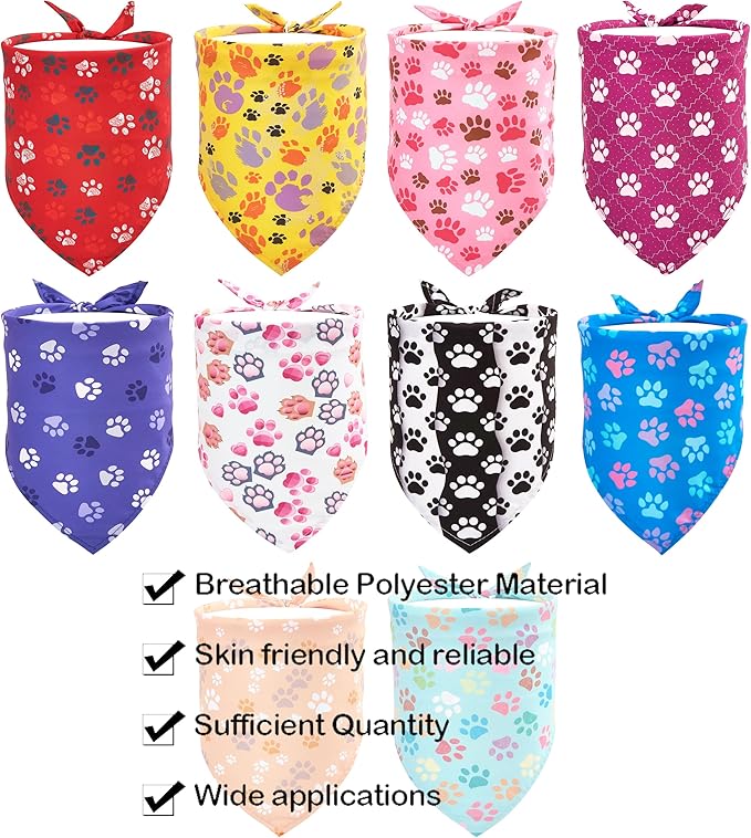 10PCS Dog Bandanas Small Medium with Paw Print Red Blue Yellow Pink Purple White Black Green Scarves for Boys and Girls Grooming Accessories Costume