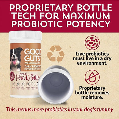 Good Guts for Medium Mutts Probiotic for Dogs, 6 Billion CFUs, 11 Strains, 5 Digestive Enzymes, 2 Prebiotics, Digestive Gut Health for Dogs, Adult & Puppy Probiotics Supplements (30 Days)