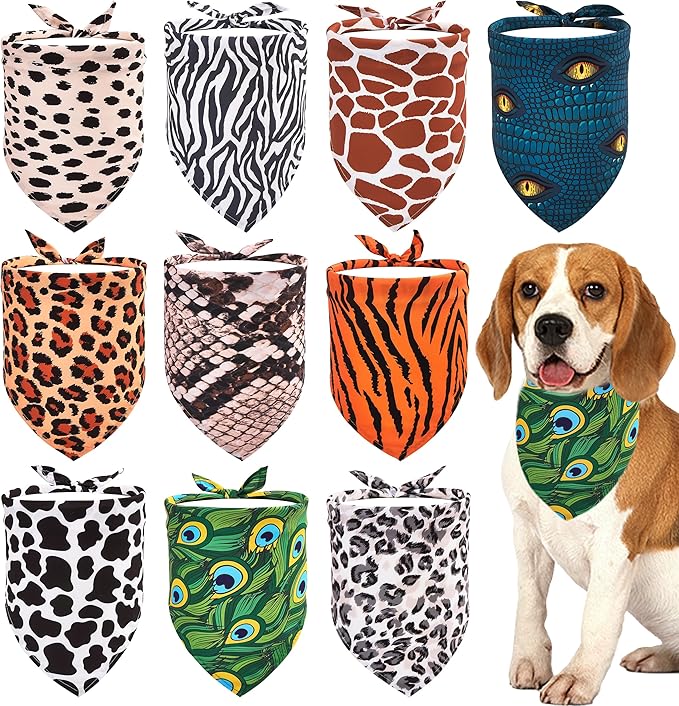 10PCS Animal Print Dog Bandanas Triangle Bibs Head Scarves Zebra Leopard Snake Tiger Peacock Cheetah Giraffe and Cow Print for Small Medium Boys Girls Grooming Accessories