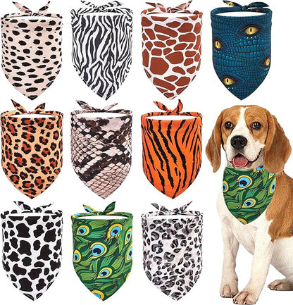 10PCS Animal Print Dog Bandanas Triangle Bibs Head Scarves Zebra Leopard Snake Tiger Peacock Cheetah Giraffe and Cow Print for Small Medium Boys Girls Grooming Accessories