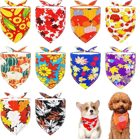 10PCS Dog Bandanas Fall for Small XS Breed Dog Pumpin Harvest Leaves Forest Autumn Pattern Kerchief Triangle Bibs Head Scarves Boys and Girls Grooming Accessories Costume