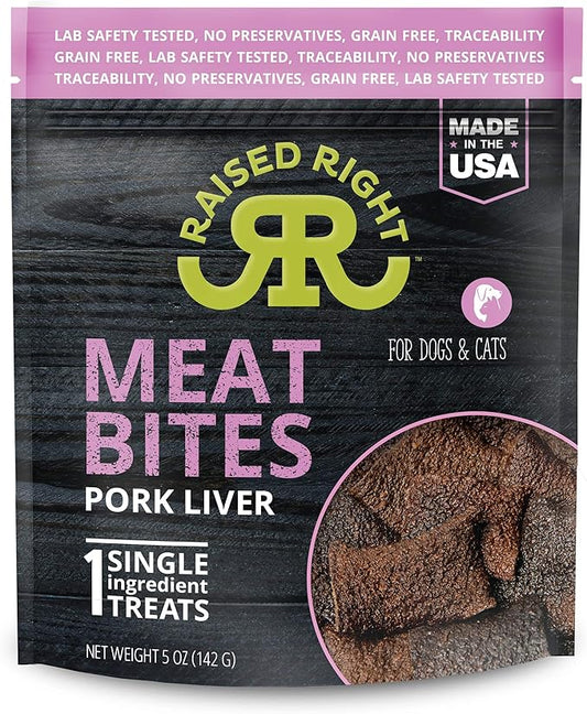 Raised Right Pork Meat Bites, Single Ingredient Liver Treats for Dogs & Cats - 5 oz. Bag