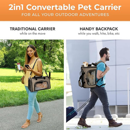 DCSP Pets Pet Carrier - Versatile Cat Carrier Converts to Backpack - Airline Approved Dog Bag Carrier with Mesh Widows - Suitable for Large Cats, Small Dogs - Soft Travel Carriers for Hiking, Walking