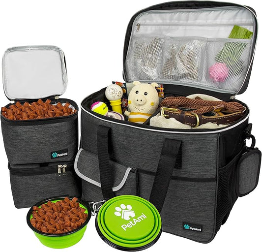 PetAmi Dog Travel Bag, Travel Pet Bag Organizer, Dog Food Travel Bag with Food Container and Bowls, Dog Travel Supplies Gift Accessories for Weekend Camping, Dog Cat Diaper Bag (Charcoal, Large)