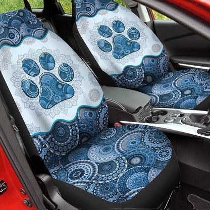 Blue Boho Mandala Dog Paw Printed Car Seat Cover only for Front