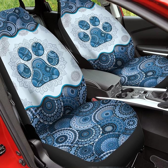 Blue Boho Mandala Dog Paw Pattern Universal Car Interior Accessories Decoration 2 Pack