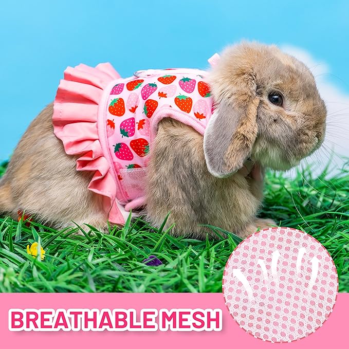 Rabbit Harness and Leash for Walking Escape Proof - Cute Strawberry Pattern Pink Mesh Breathable Bunny Vest Harness Outdoor Camping Hiking Training - Also Suit for Ferret Kitten Puppy Small Animals