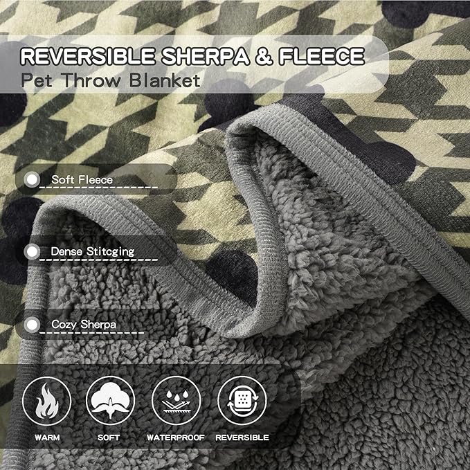 Waterproof Dog Blankets Pet Blanket 50"x60", Soft Fluffy Sofa Car Bed Protector, Reversible Sherpa Fleece Dog Blanket for Large Dogs (Olive Green Bones)