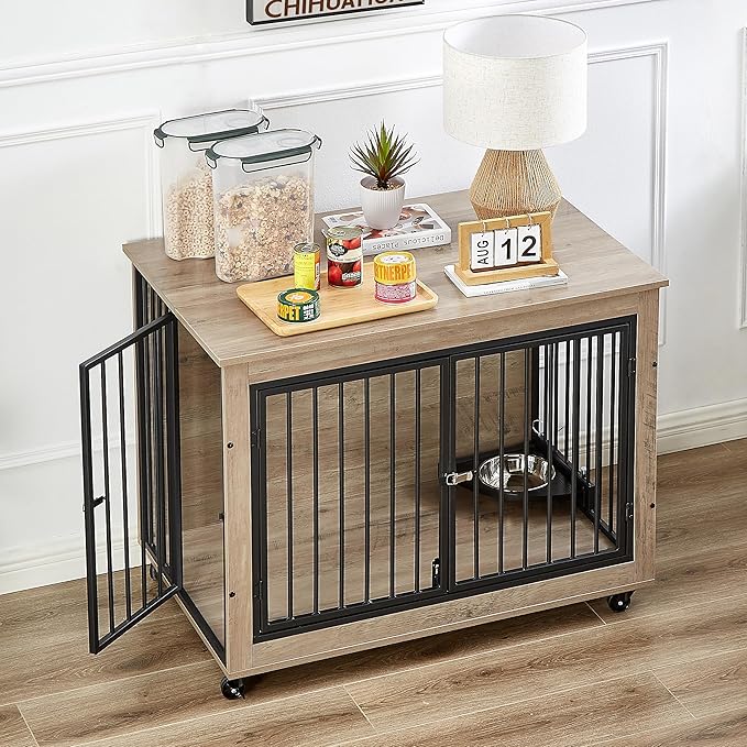 NicBex Dog Crate Furniture Dog Cage with Rotatable Feeding Bowl and 3 Doors