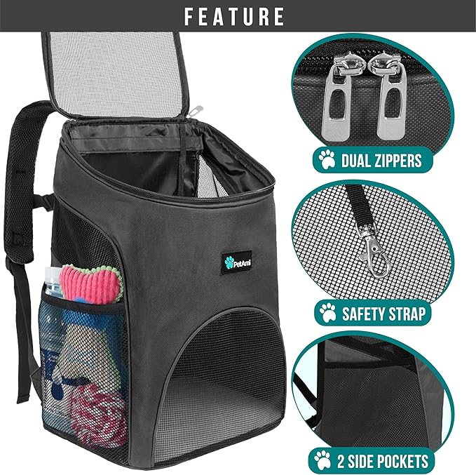 PetAmi Small Dogs and Cat Backpack Carrier, Airline Approved Pet Backpack Carrier, Ventilated, Safety Strap, Buckle Support Designed for Hiking Travel Camping Outdoor, Max 18 lbs (Gray)