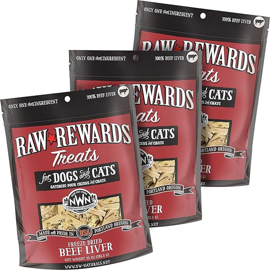 Northwest Naturals Raw Rewards Freeze-Dried Beef Liver Treats for Dogs and Cats - Bite-Sized Pieces - Healthy, 1 Ingredient, Human Grade Pet Food, All Natural - 10 Oz (Pack of 3) (Packaging May Vary)