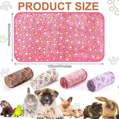 4 Pcs Pet Blanket Dog Puppy Blanket Paw Print Fleece Blanket for Small Medium Pet Dog Cat Warm Soft Sleep Mat Guinea Pig Cage Liners Blanket (White, Coffee, Pink, Purple,Midwest (24 x 47 Inch))