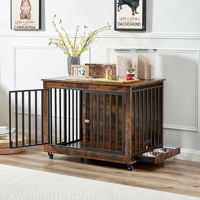 NicBex Dog Crate Furniture Dog Cage with 3 Doors and 2 Feeding Bowls