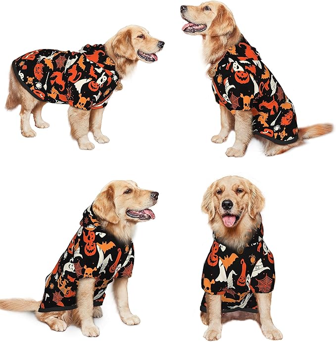 Halloween Dog Costume, Pumpkin Ghost Print Hoodie Winter Halloween Cosplay Clothes Sweaters Outfits Pullover Pets' Sweatshirt Hoodies with Pocket for Medium Large Dogs-L