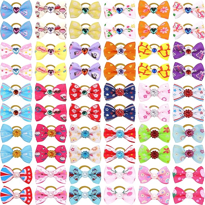 60Pcs Puppy Dogs Hair Barrettes Bows with Rubber Bands