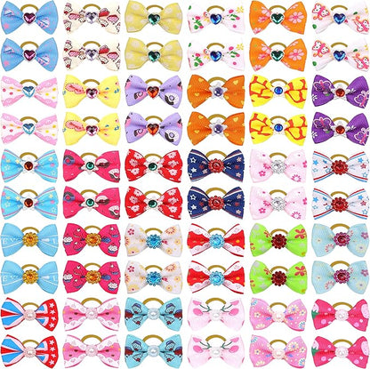 60Pcs Puppy Dogs Hair Barrettes Bows with Rubber Bands