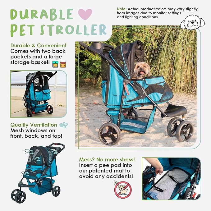 Petique Durable Pet Stroller, Easy Fold, Quality mesh Windows, Large Storage Basket, Secure Cup Holder Tray, for Small to Medium Dog, Cat, Bunny, Supports Pets up to 55LBS - Mermaid (Blue)