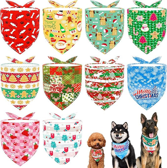 10pcs Large Christmas Dog Bandanas Kerchief Triangle Bibs Scarves Snowman Santa Claus Elk Christmas Tree Pattern for Girl Boy Large Extral Large XL XXL Dogs Grooming