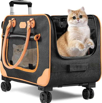 Large Cat Carrier with Wheels, Foldable Rolling Cat Carrier, Pet Carrier with Wheels for Small Dogs and All-Breed Cats Up to 38 Lbs, Pet Cat Travel Carrier for Camping, Out Going(Black)