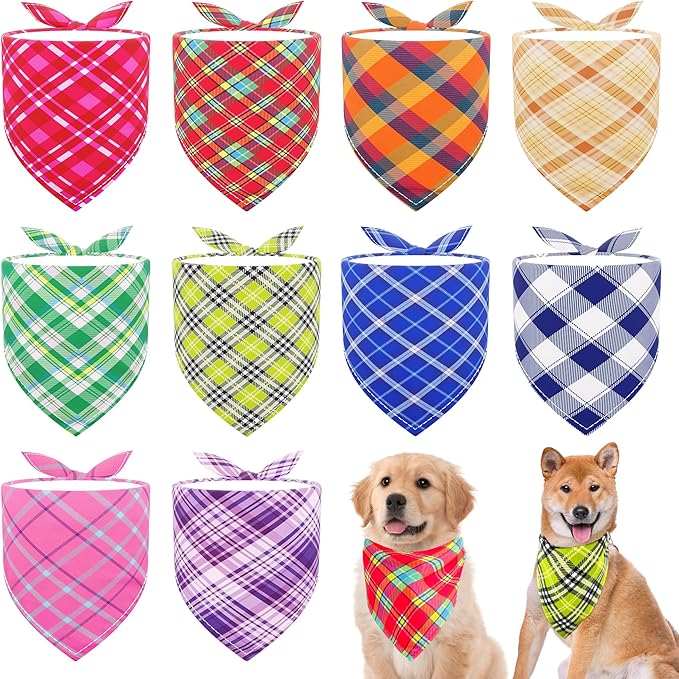 10PCS Dog Bandanas Plaid for Medium Breed Kerchief Washable Triangle Bibs Head Scarves Scarfs for Boys and Girls Grooming Accessories