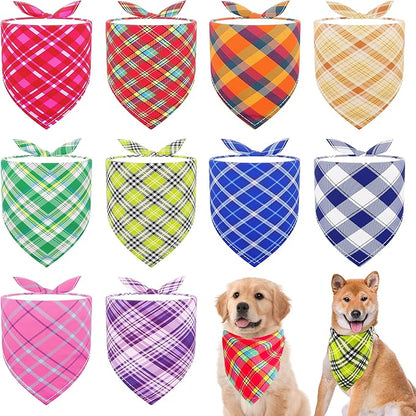 10PCS Dog Bandanas Plaid for Medium Breed Kerchief Washable Triangle Bibs Head Scarves Scarfs for Boys and Girls Grooming Accessories