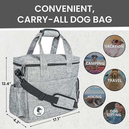 Grey Dog Travel Bag for Supplies - Includes Travel Bag, Travel Dog Bowls, Food Storage - Airline Approved Dog Bags for Traveling - Dog Travel Accessories for Camping, Beach