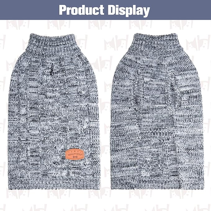 BEAUTYZOO Small Dog Sweater -Turtleneck Pullover Classic Cable Knit Fuzzy Winter Coat Dog Cold Weather Clothes for Small Medium Dogs Puppy Girl Boys(Retro Grey, M)