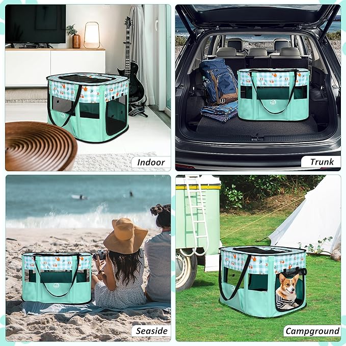 Dog Playpen Portable Pet Playpen Foldable Pet Play Pen for Cat Puppies Pop Up Dog Kennel Exercise Pen Tent with Mat and Carry Bag, Green-S