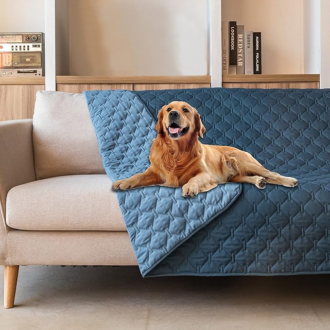 gogobunny 100% Double-Sided Waterproof Dog Bed Cover Pet Blanket Sofa Couch Furniture Protector for Puppy Large Dog Cat, Reversible (68x82 Inch (Pack of 1), Dark Blue/Light Blue)