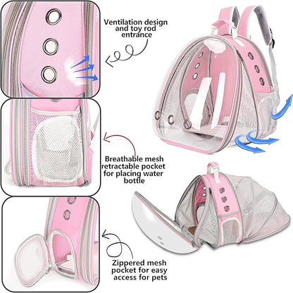 Cat Backpack, Expandable Front and Back Pet Backpack Carrier, Airline-Approved, Animal Carrying Backpacks for Cat and Dog, Transparent Capsule Dog Backpack for Travel, Hiking, and Outdoor Use Pink