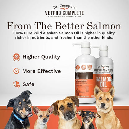 VetPro 100% Pure Wild Alaskan Salmon Oil Supplement for Dogs & Cats, 16 Ounces, Omega 3 & 6 Liquid Fish Oil, Supports Healthy Coat & Joints, Helps Dry Skin & Allergies, Add to Food