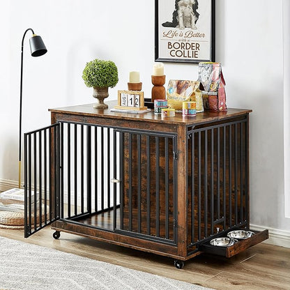 NicBex Dog Crate Furniture Dog Cage with Removable Feeding Bowls and 3 Doors