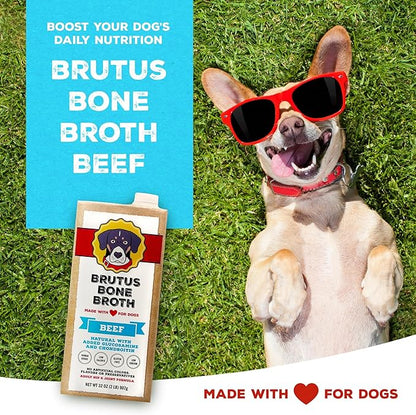 Brutus Beef Bone Broth for Dogs and Cats - All Natural Dog Bone Broth with Chondroitin Glucosamine & Turmeric -Human Grade Dog Food Toppers for Picky Eaters & Dry Food -Tasty & Nutritious