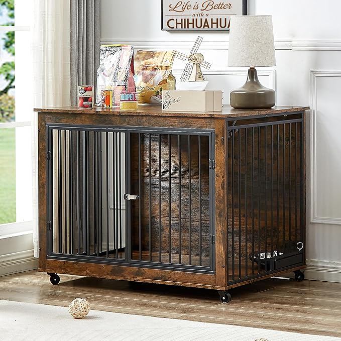 NicBex Dog Crate Furniture Dog Cage with 3 Doors and Rotatable Feeding Bowl