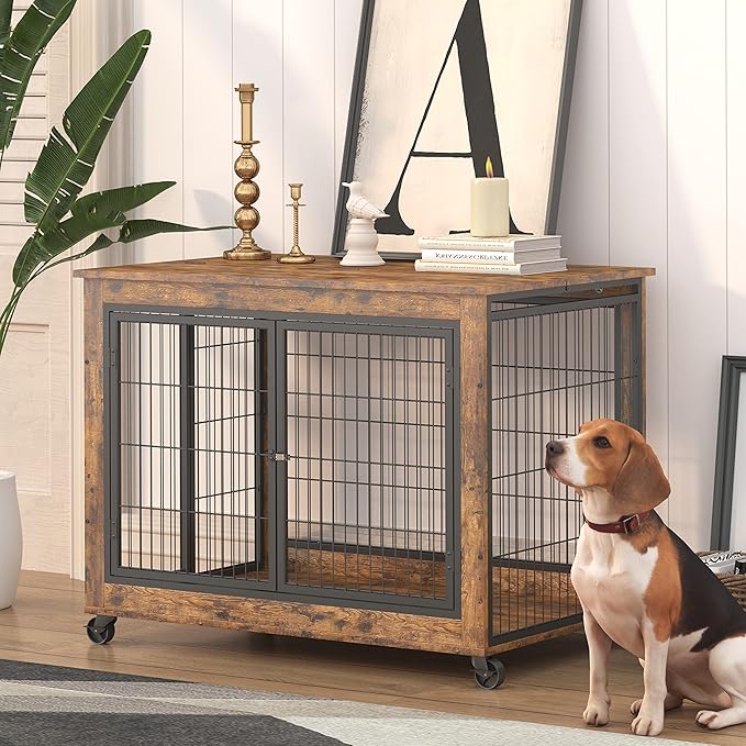 Okak Dog Crate Furniture Wooden Dog Crate With Double Sliding Iron Doors and Lift Top on Casters Heavy-Duty Dog Kennel Indoor for Medium/Large Dog Brown,38.58" L