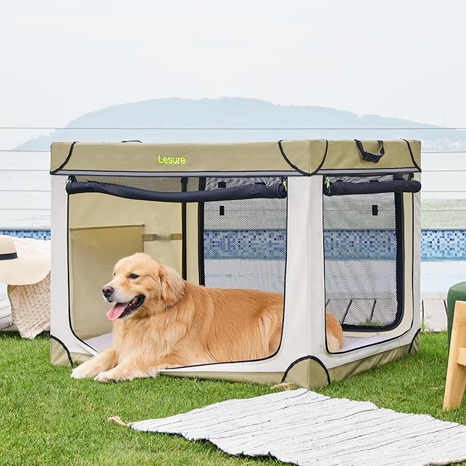 Lesure Soft Collapsible Dog Crate 42 Inch 4-Door Foldable