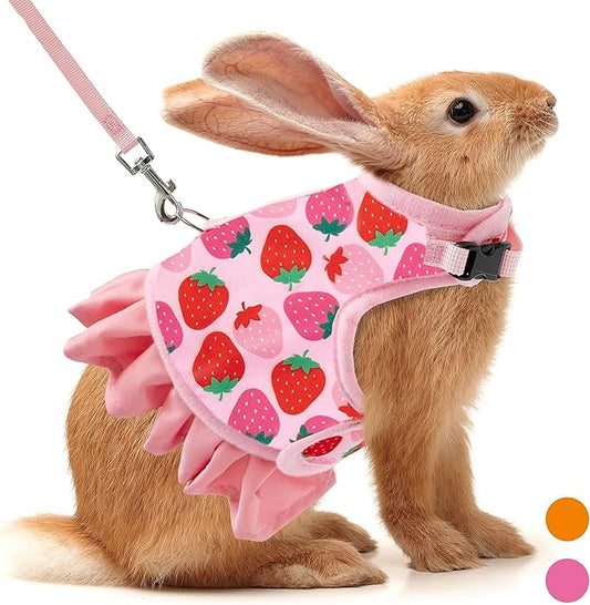 Rabbit Harness and Leash for Walking Escape Proof - Cute Strawberry Pattern Pink Mesh Breathable Bunny Vest Harness Outdoor Camping Hiking Training - Also Suit for Ferret Kitten Puppy Small Animals