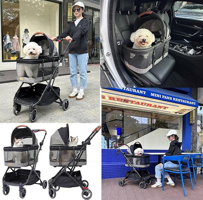 ROODO Dog Stroller Cat Stroller 3-in-1 Multifunctional 4 Wheels Lightweight Foldable Portable Detachble Pet Gear 30lbs Small