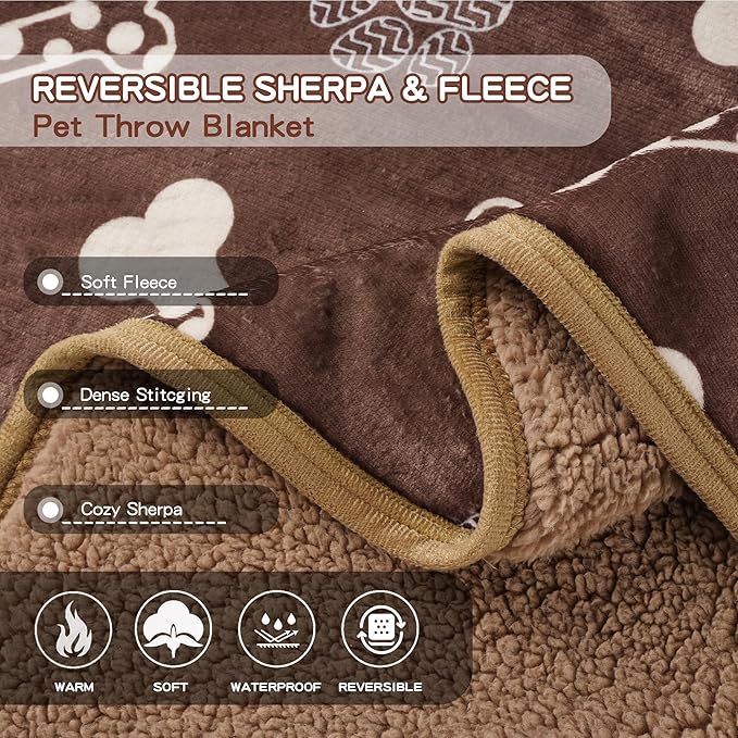 Waterproof Dog Blankets Pet Blanket 50"x60", Soft Fluffy Sofa Car Bed Protector, Reversible Sherpa Fleece Dog Blanket for Large Dogs (Chocolate Brown-Bones)