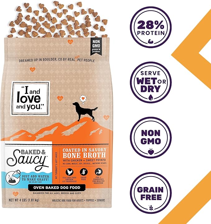 I AND LOVE AND YOU Baked and Saucy Dry Dog Food - Chicken + Sweet Potato - Prebiotic + Probiotic, Real Meat, Grain Free, No Fillers, 4lb Bag