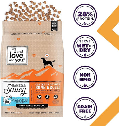 I AND LOVE AND YOU Baked and Saucy Dry Dog Food - Chicken + Sweet Potato - Prebiotic + Probiotic, Real Meat, Grain Free, No Fillers, 10.25lb Bag